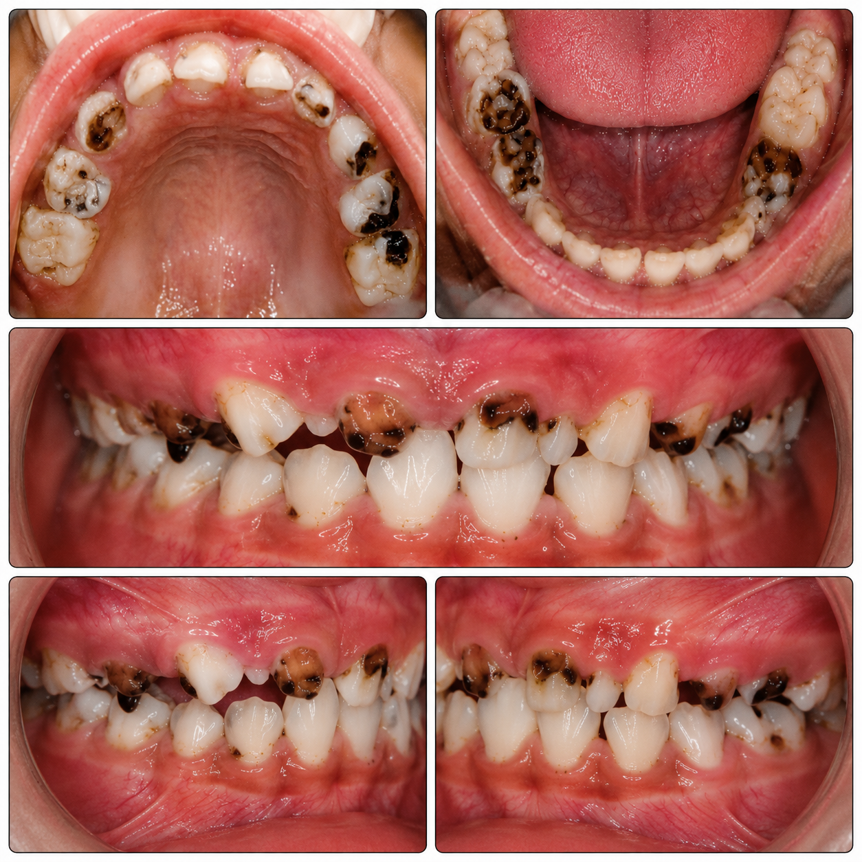Before treatment showing severe early childhood caries on multiple upper and lower baby teeth