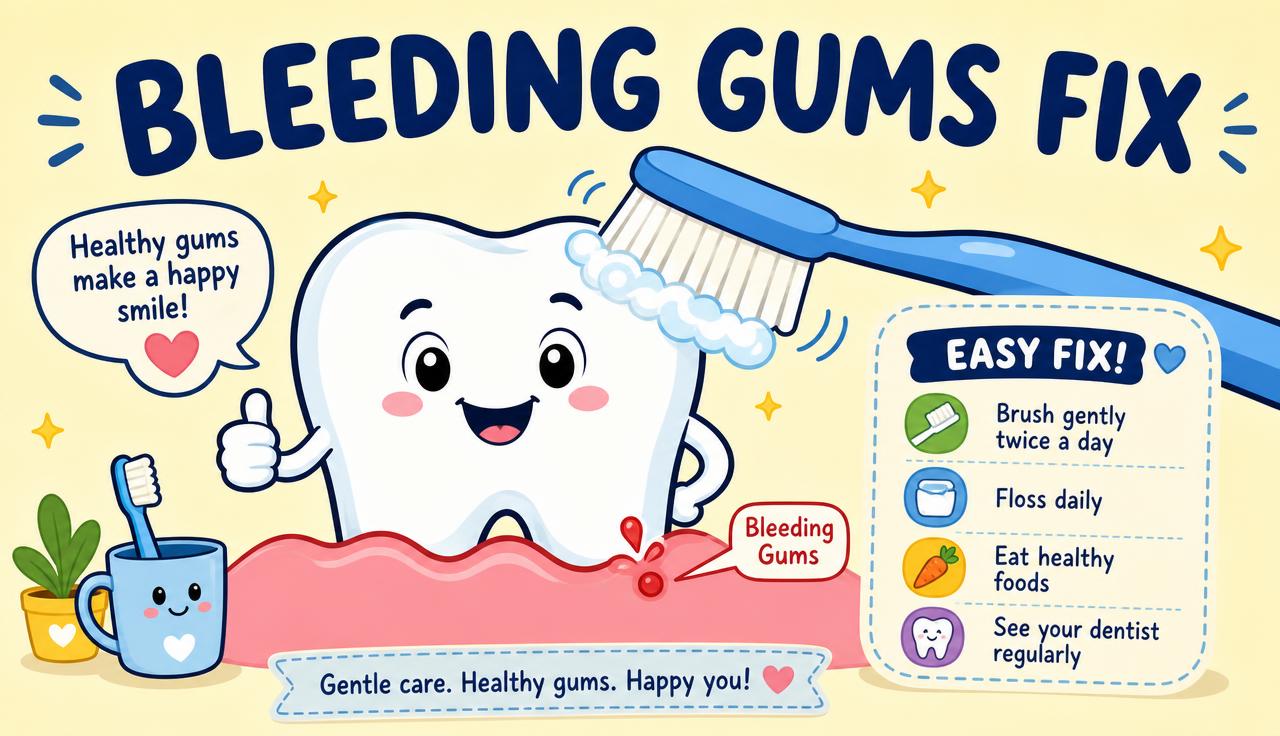 Cartoon tooth with pink gums and a soft toothbrush — bleeding gums treatment guide