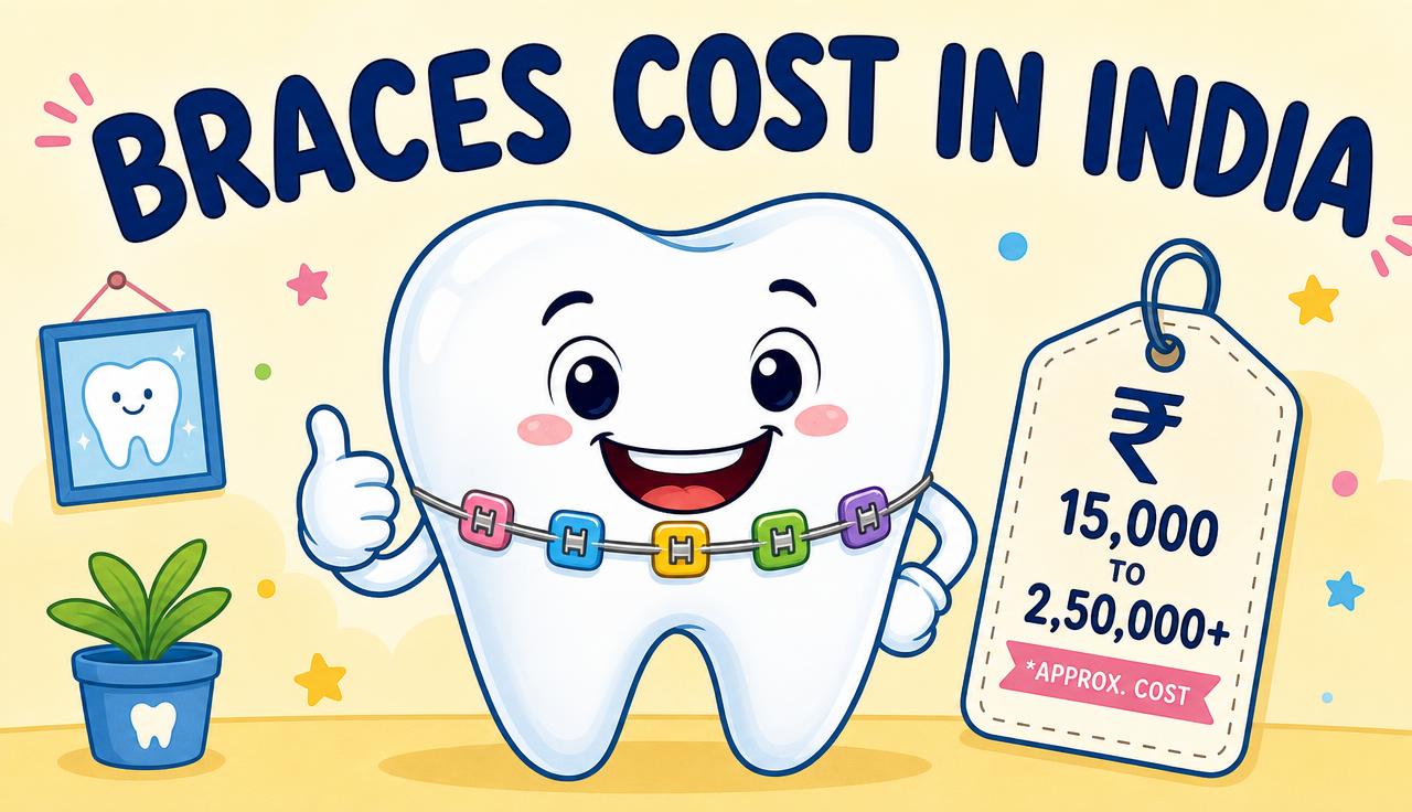 Cartoon tooth with colourful braces and a rupee price tag — braces cost in India