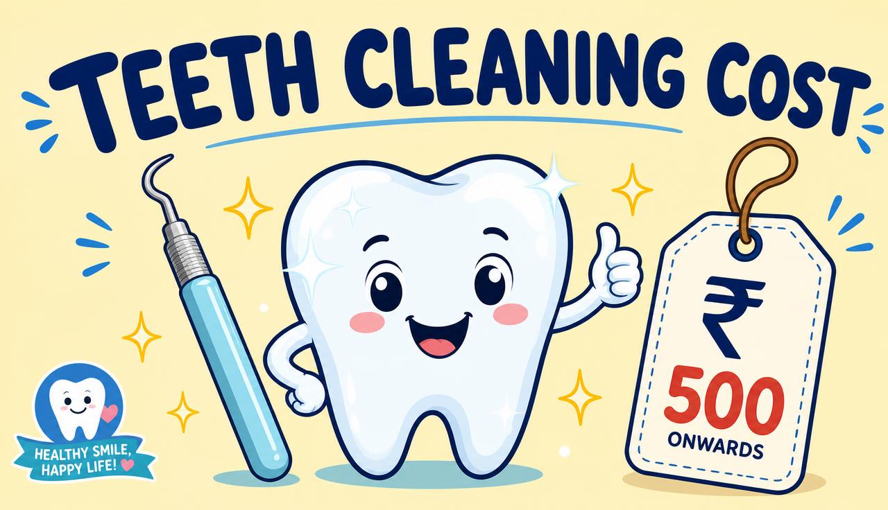 Sparkling cartoon tooth with a scaling tool and price tag — teeth cleaning cost guide